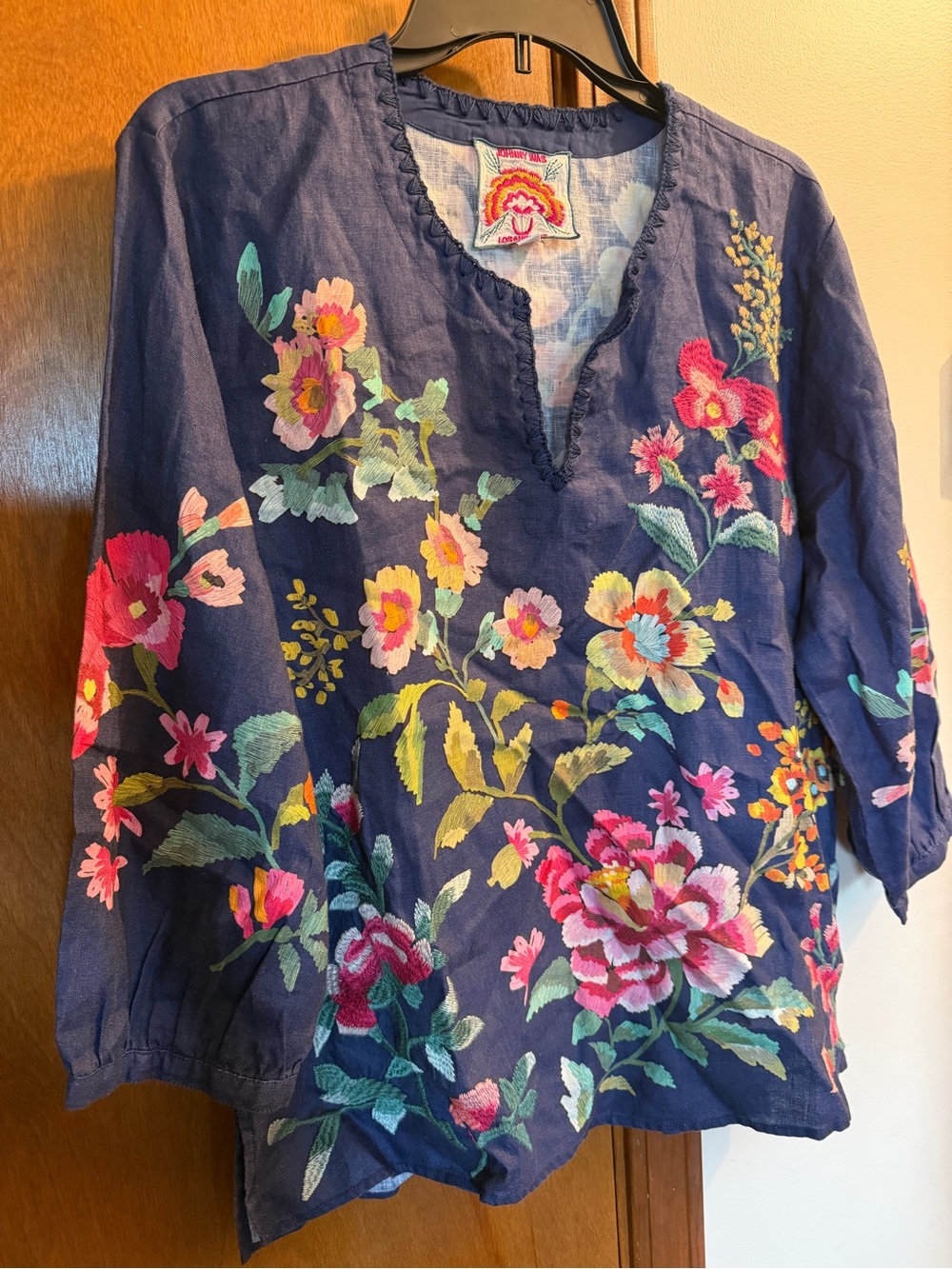 Johnny Was Navy Floral Embroidered Tunic Top